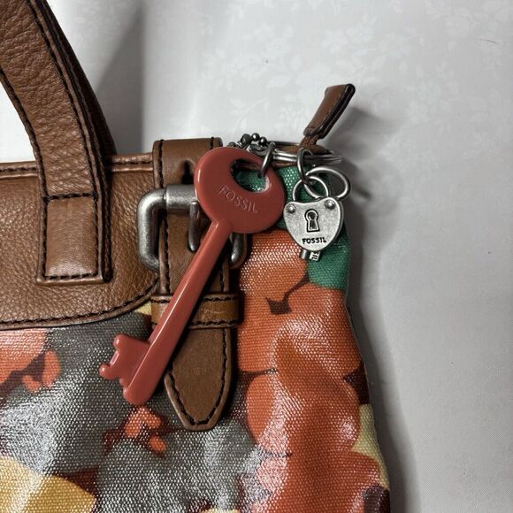 Fossil Key Per Coated Canvas Purse Tote Hand Bag Retro 70s Floral Brown Leather - Picture 8 of 12